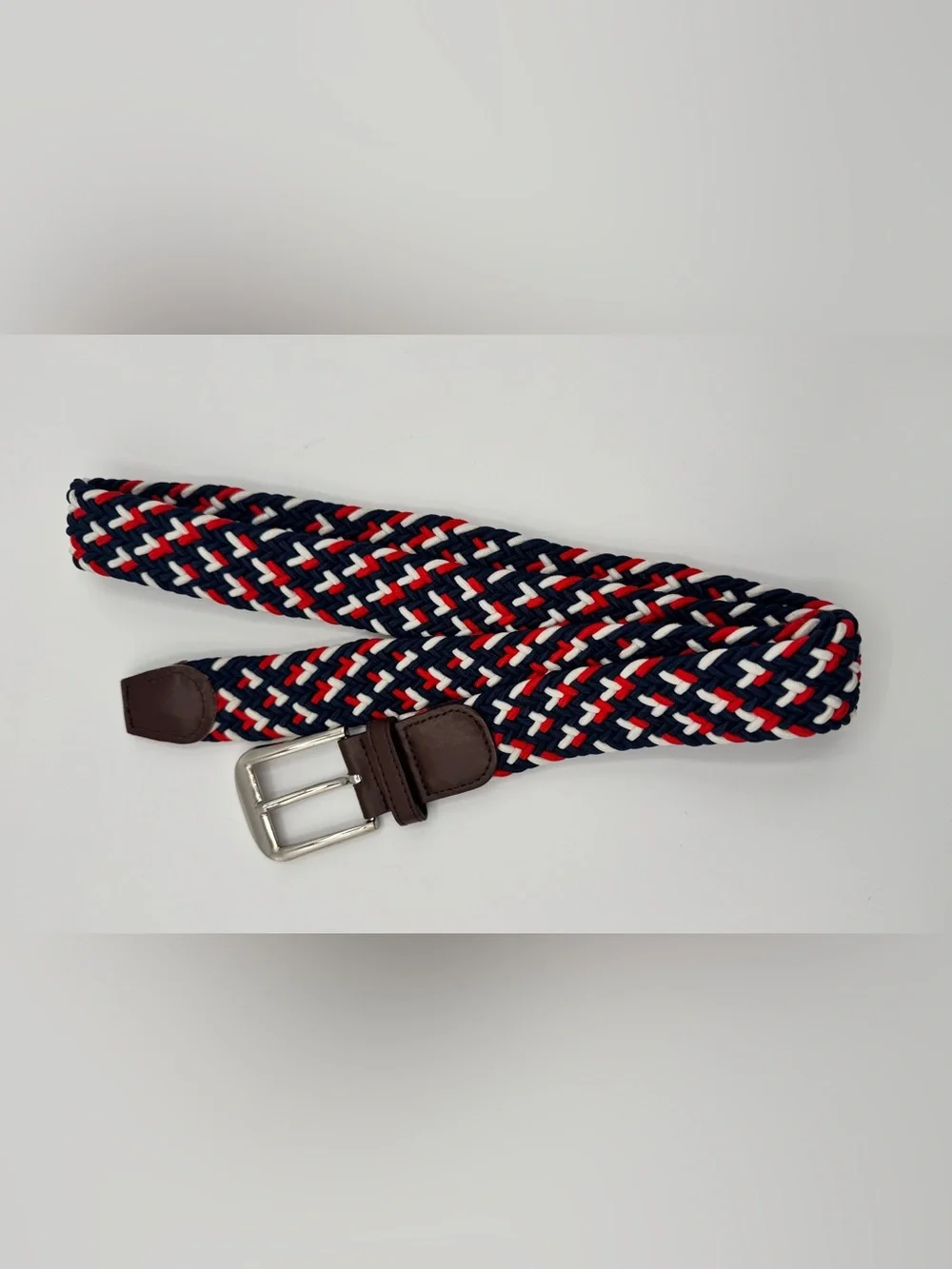 Vintage Braided Stretch Belt Navy Red White Brown Leather Trim Preppy Nautical